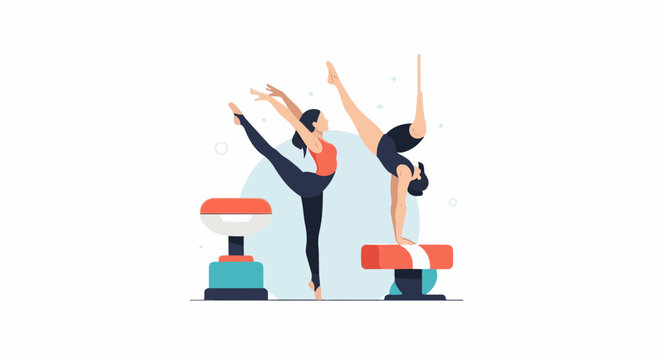 A poster with two gymnasts performing acrobatic poses on pommel horses