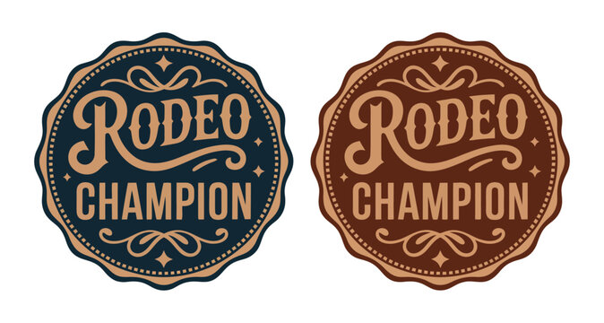 Rodeo champion cowboy label with belt buckle, bull rider medal, and ornate typographic emblem, vintage western vector design for ranch branding, apparel, badges, posters, and retro logos