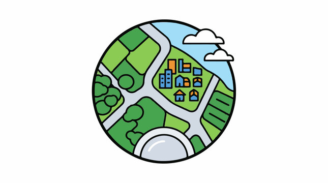 A cartoon map of a small town with green spaces and roads