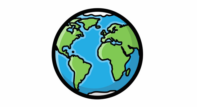 A simple illustration of a globe with blue oceans and green continents