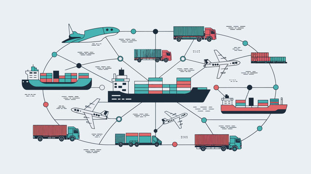 Logistics network diagram shows global freight transportation routes connecting ships, trucks, and airplanes for international trade delivery operations.