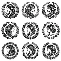 Obraz premium Woman faces with leaf wreaths.