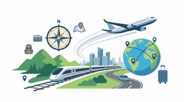 Colorful graphic illustration travel concept with train plane globe and landmarks