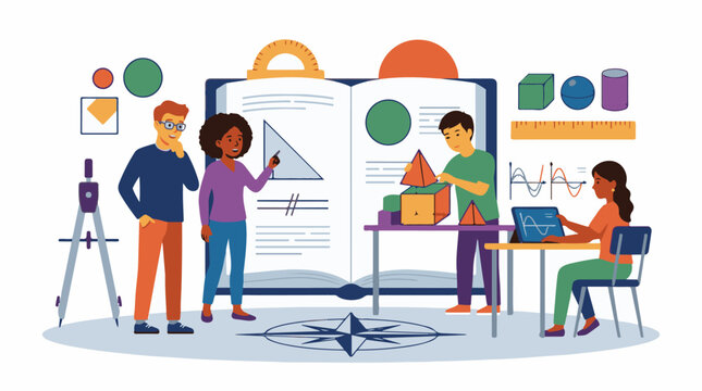 A colorful illustration of four students engaged in a collaborative learning activity