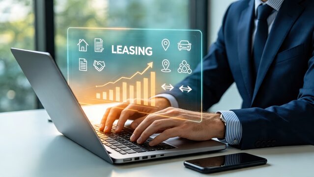 Businessman using laptop with leasing hologram interface, financial growth chart, car and house icons, modern office background, digital economy concept