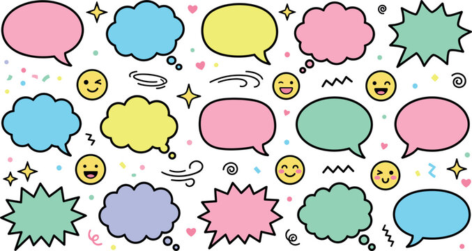 Colorful speech bubble and comic cloud vector chat box set featuring emoji smileys stars confetti and message thinking bubbles illustration