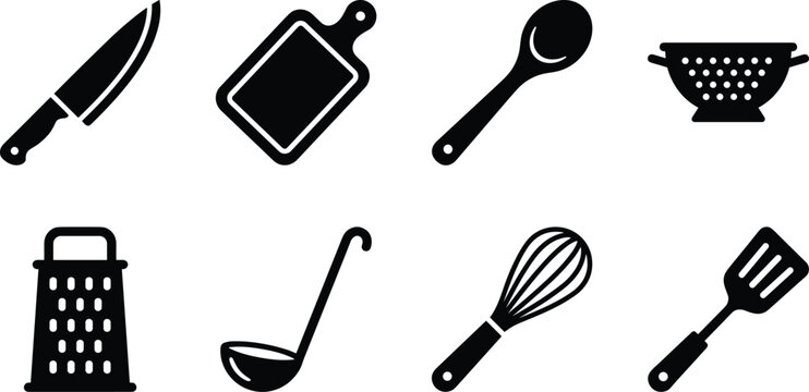 Kitchen utensil icons representing knife cutting board spoon colander grater ladle whisk and flat turner set.