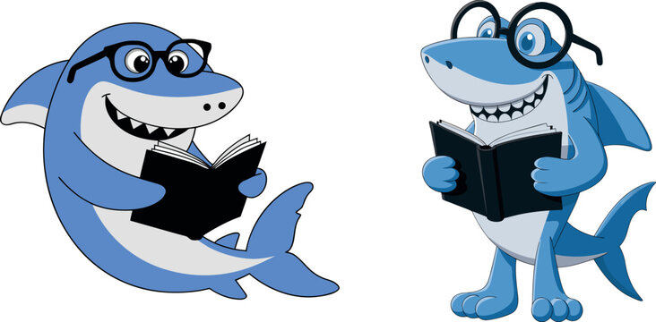 Cute Cartoon Sharks Reading Books Isolated on Transparent Background