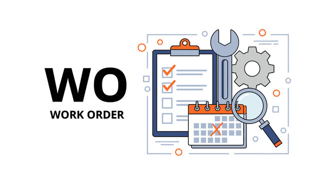 Work Order WO infographic with clipboard, wrench, gear, and calendar. Maintenance and job service concept.