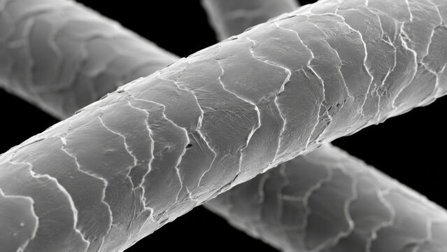 Scanning electron microscope image of overlapping cuticle scale on wool fiber strand against dark background, scientific macro visualization