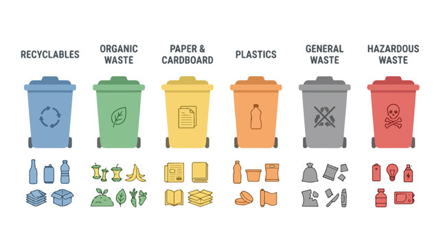 Waste segregation infographic featuring colorful recycling bins for organic paper plastic general and hazardous waste management for eco sustainability 2D vector