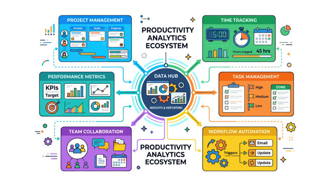 Productivity Analytics Ecosystem: Data Hub, KPIs, Workflow, Time & Task Management
