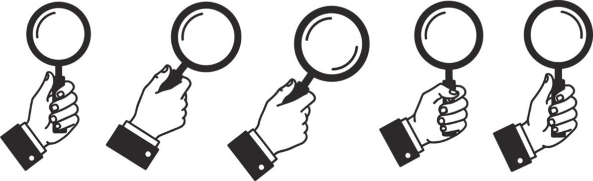 Five hands holding magnifying glasses in different positions for search and investigation concepts