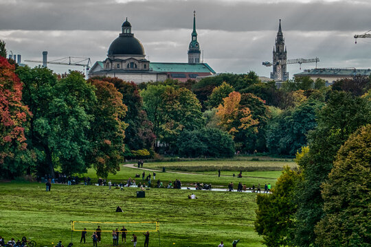 Munich Skyline Beyond English Garden Autumn Meadow