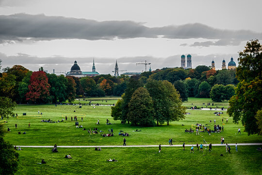 Munich Skyline Beyond English Garden Autumn Meadow