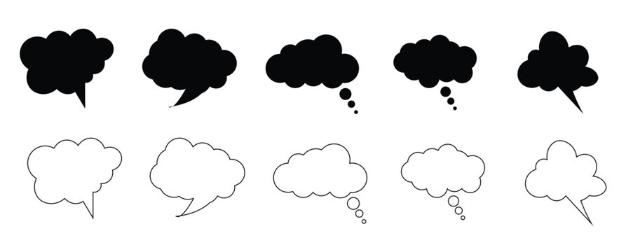 Thought bubble icons set with black thinking mind and idea cloud speech frames, flat chat conversation vector components