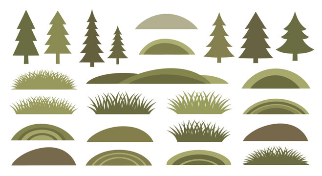 Collection of stylized green trees and grassy hills.