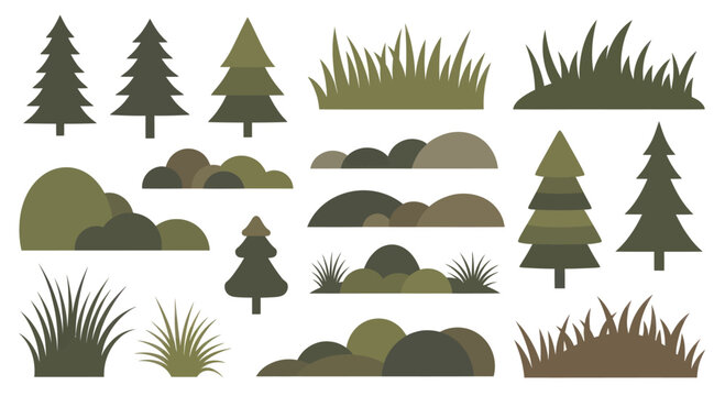 Collection of Stylized Green Trees and Grass Elements.