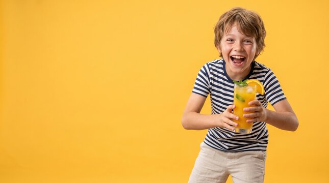 Excited boy holding refreshing orange juice drink isolated against a bright yellow studio background