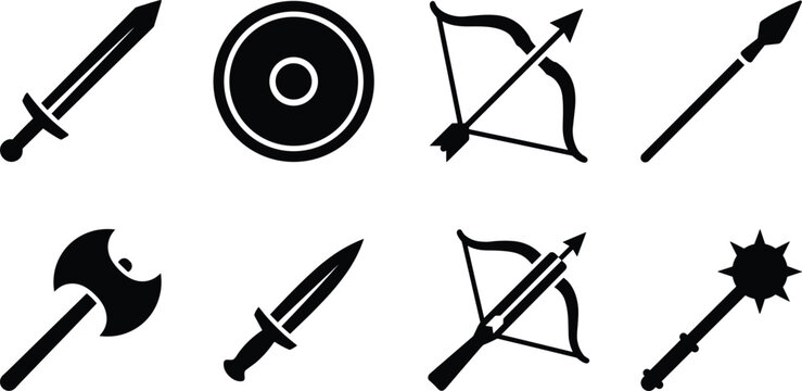 Medieval weapon and armor icons collection with sword shield bow arrow spear axe dagger crossbow and mace.