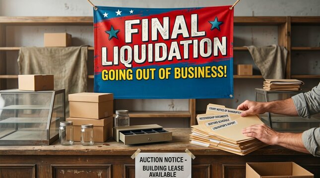 Business closure artwork showing liquidation sale banner, counter with boxes, bankruptcy paperwork, empty shelves, and auction notice sign