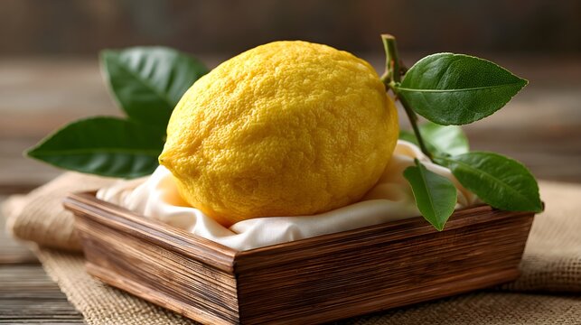 Yellow etrog citron resting in a silk-lined wooden box