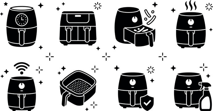 Air fryer kitchen appliance glyph icon set featuring electric cooker basket smart wifi control open drawer shield protection and spray bottle cleaner vectors.