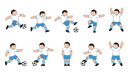 Fototapeta premium Dynamic sequence of cartoon soccer players in blue uniforms kicking a ball across a field in action.