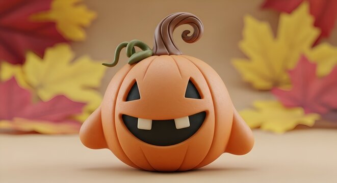 Cute smiling pumpkin figure with autumn leaves background