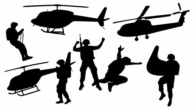 Set of military silhouettes with soldiers and helicopters