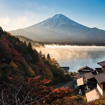 Fuji mountain and kawaguchiko lake in morning