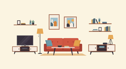 Modern Living Room Interior with Sofa, TV, and Shelves. © Tomo
