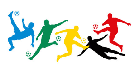 Obraz premium Vibrant multicolor silhouettes of players in action playing soccer in dynamic motion.