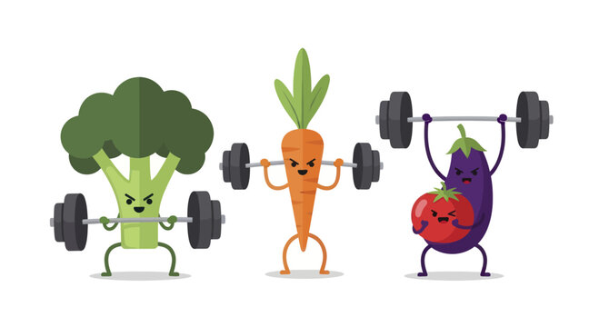 Strong Vegetables Working Out with Weights for Healthy Lifestyle.