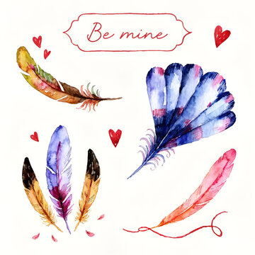 hand drawn watercolor valentine feather set