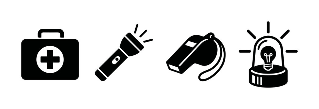 Set of Minimalist Black Icons Depicting Emergency Preparedness Tools Including a First Aid Kit Flashlight Whistle and Alarm Beacon