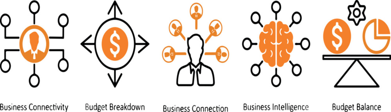 Business concept icons set showing connectivity, budget, intelligence, and balance