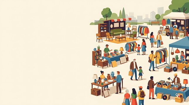 People shopping for vintage goods at a bustling outdoor flea market