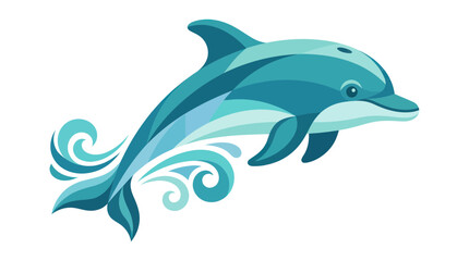 Stylized Dolphin Jumping with Water Waves, Blue and Teal Abstract Design © firia