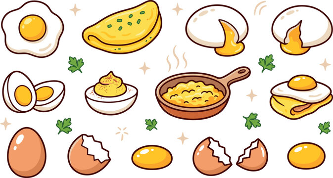 PrintCute Cartoon Egg Cooking Methods and Styles Vector Set Featuring Fried Omelet Boiled Scrambled Poached and Deviled Eggs for Menu Design