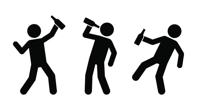 Three black stick figures dancing and holding bottles in different party poses with arms and legs
