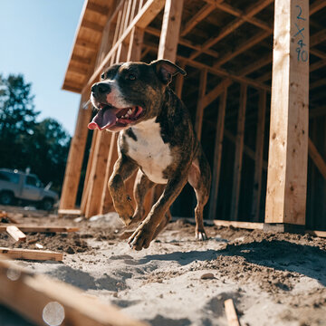 pit bull dog running and playing on the land