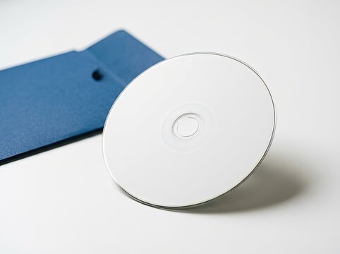 Blank CD Mockup Presentation, Clean White Disc with Copy Space Beside Blue Sleeve on White Background