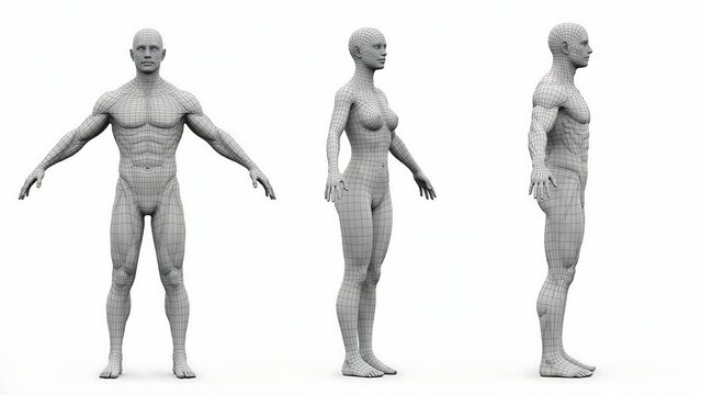 Three views of a humanoid character 3D wireframe mesh model on white background with wireframe humanoid character structure