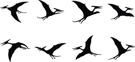 Flying Pterodactyl Silhouette Set with Prehistoric Reptile and Dinosaur Icons © Fahim's World
