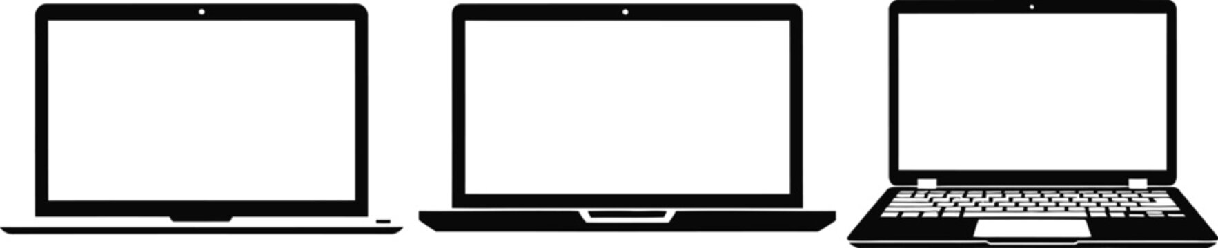 Three black laptop computers with blank white screens side by side