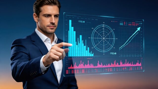 Professional businessman analyzing complex financial data on futuristic holographic screen, stock market trading charts and radar graphs
