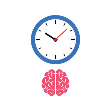 A simple blue wall clock icon with a pink brain symbol representing time management concepts