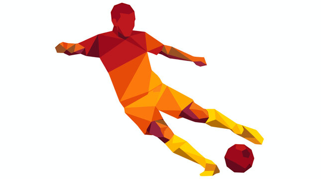 Geometric orange soccer player kicking a red ball in mid stride illustration.