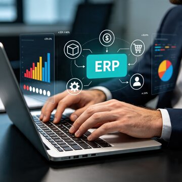 Enterprise resource planning ERP software concept on laptop screen with icons for finance, logistics and human resources